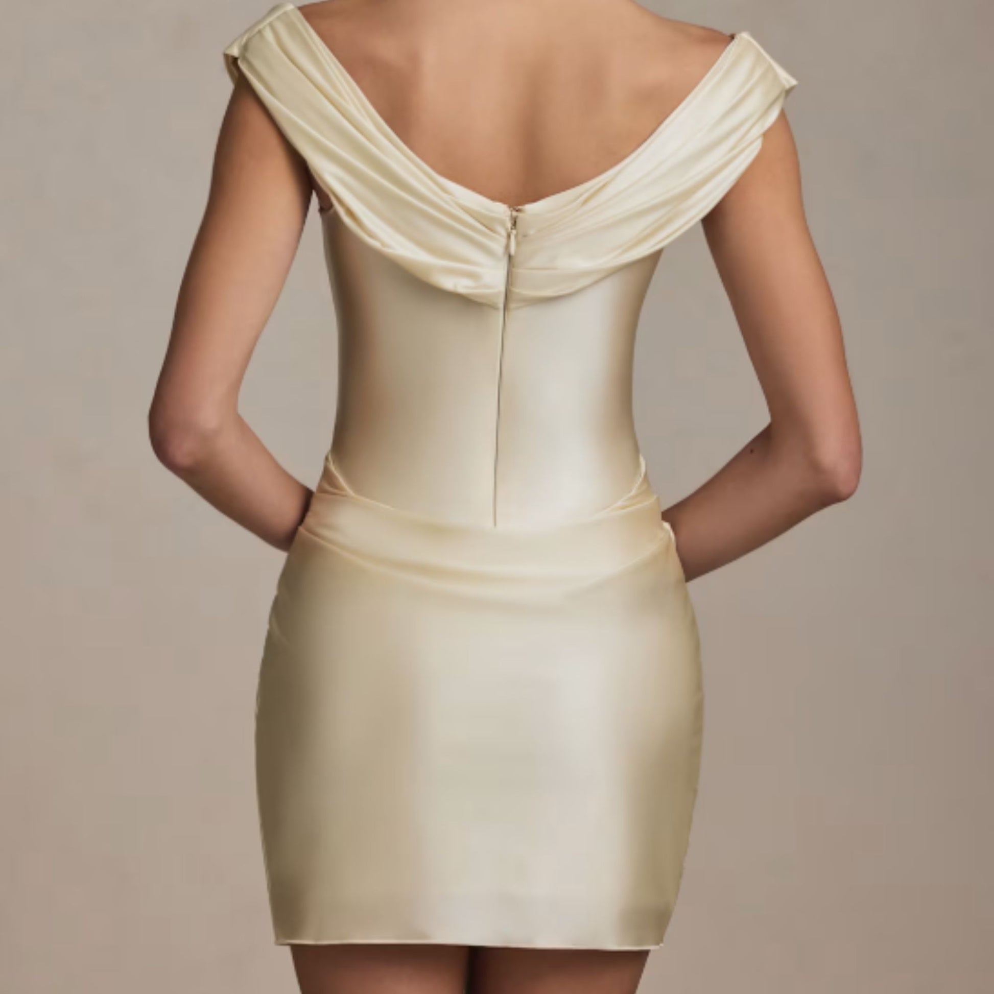 Off-Shoulder Draped Mini Dress in Ivory
